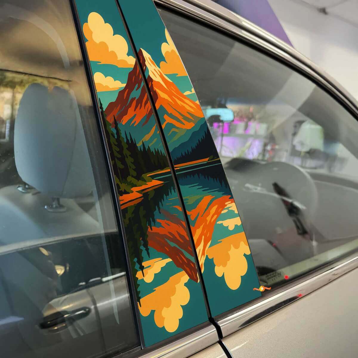 Retro Style Mountain Lake Landscape Pillar Doors Vinyl Decal Sticker