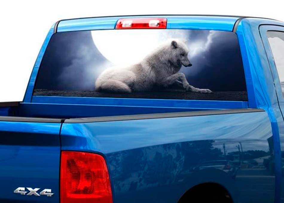 White wolf with moon dark night Rear Window Decal Sticker Pick-up Truck SUV Car