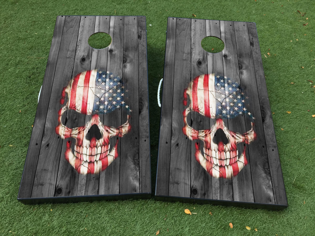 Skull USA Flag Style Cornhole Board Vinyl Wrap Decal Set