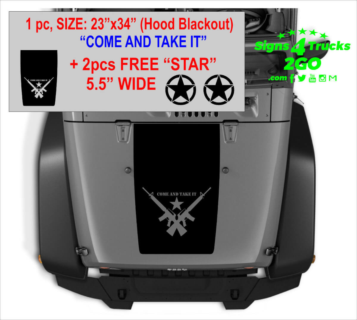 Come and Take It Hood Blackout Decal Set with Star Decals for Jeep Wrangler JK