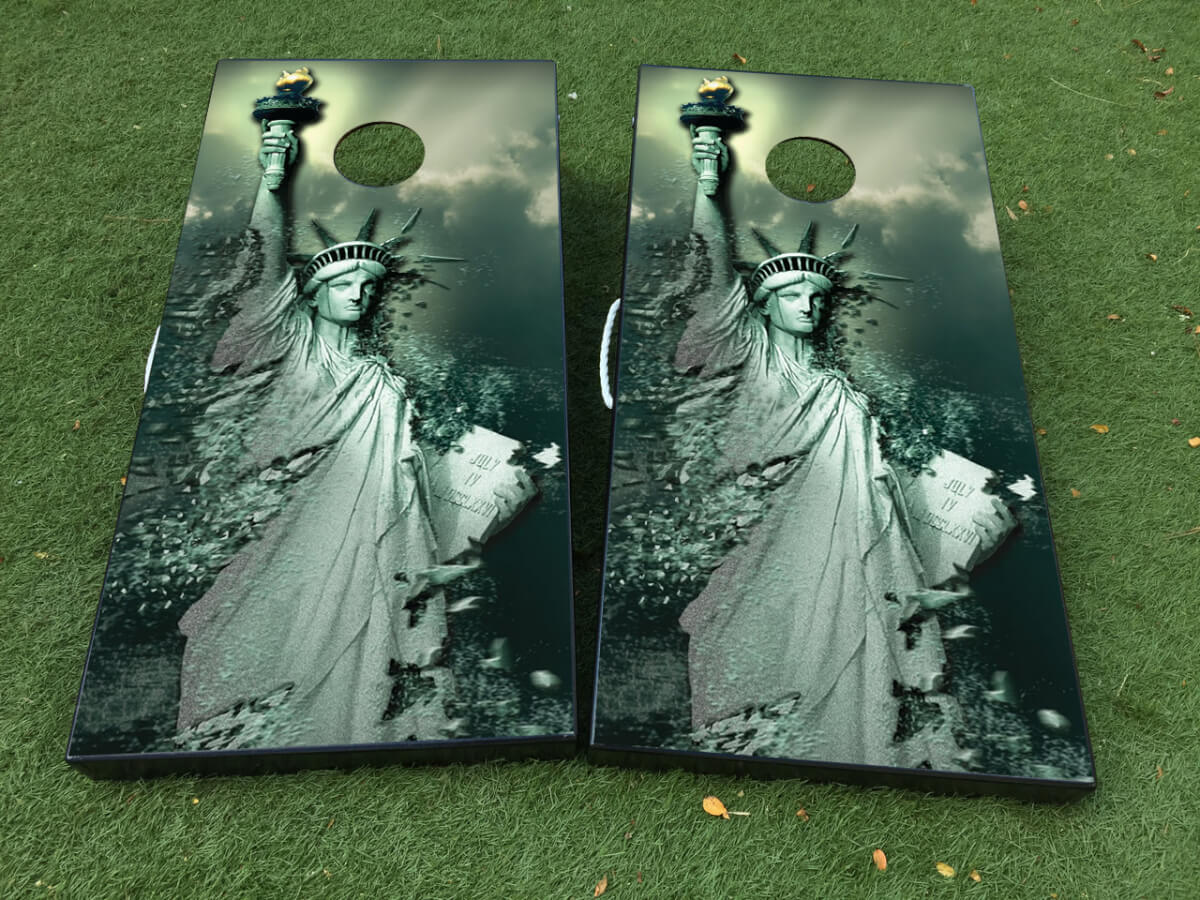Destroyed Statue of Liberty Cornhole Board Vinyl Decal Wraps Set
