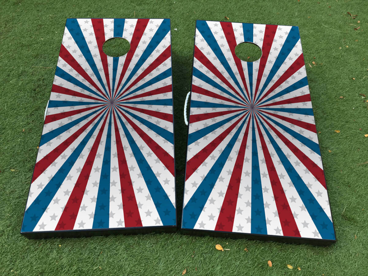 Patriotic American Flag Starburst Cornhole Board Wrap Decal Set
