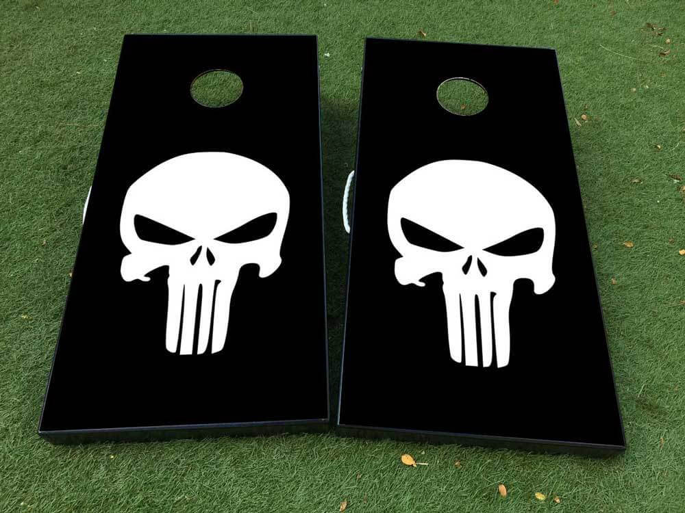 Black and White Punisher-Style Skull Cornhole Board Vinyl Wrap Decal Set