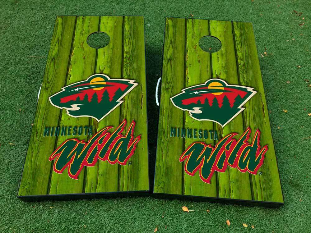 Minnesota Wild Hockey Wood Style Cornhole Board Vinyl Decal Set