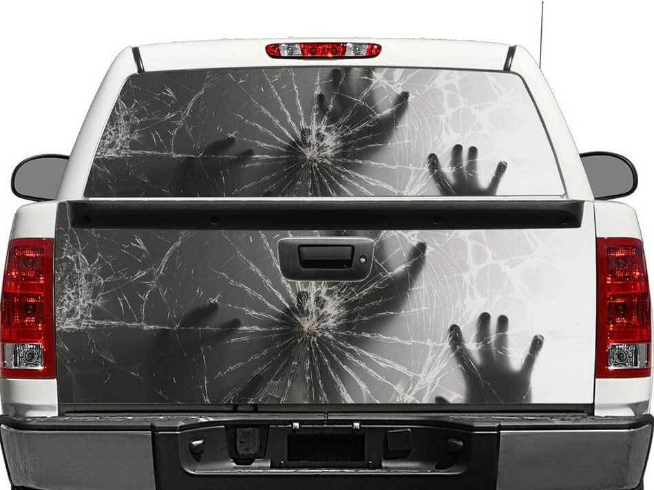 Hands Behind Broken Glass Rear Window or Tailgate Decal for Pickup Truck SUV