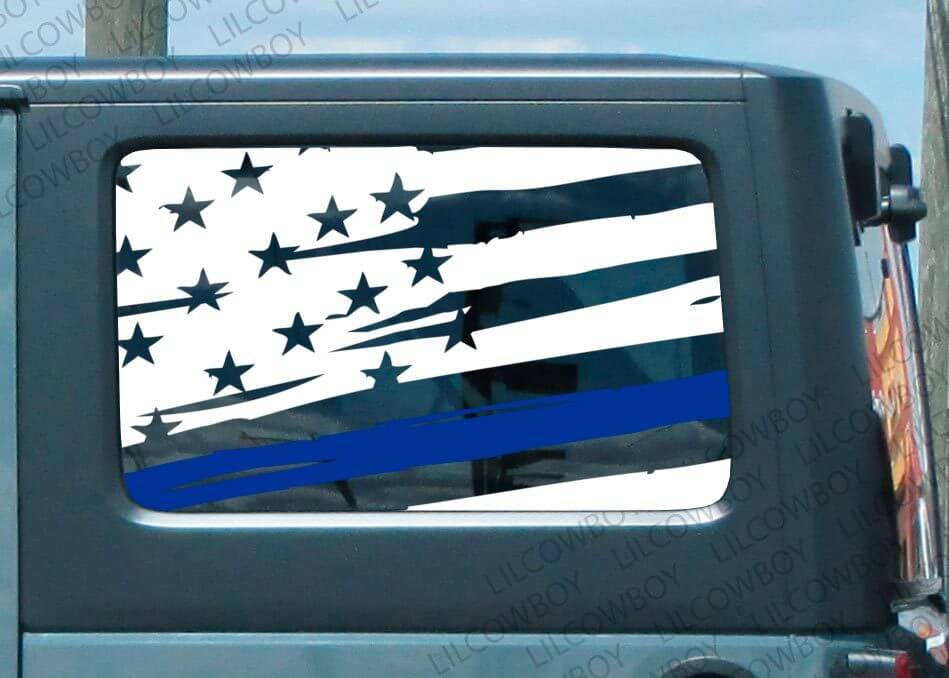 Distressed Blue Line Flag Side Vinyl Sticker Decal 2 for Jeep Police Lives Matter
