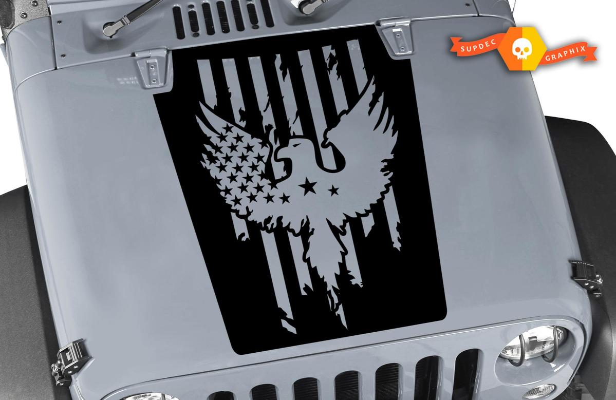 Distressed US Flag Eagle Hood Vinyl Decal Sticker for Jeep Wrangler 2007-2017