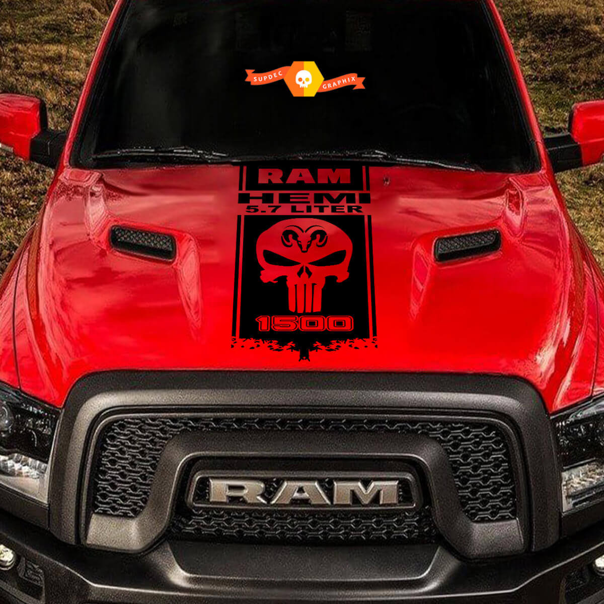 5.7L HEMI Style Punisher Skull Hood Vinyl Decal for Dodge Ram 1500-3500