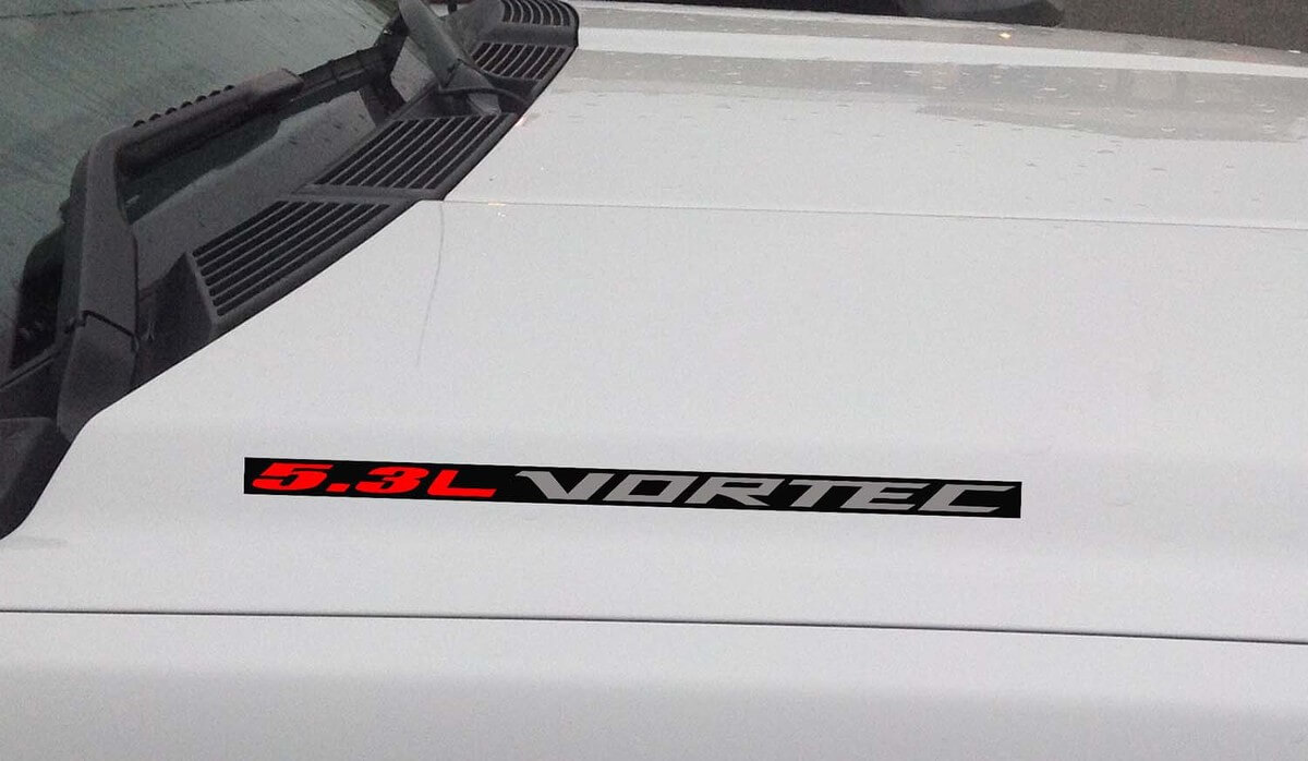 5.3L Vortec Hood Vinyl Decal Sticker: Chevrolet Silverado GMC Sierra (Block) Black background
