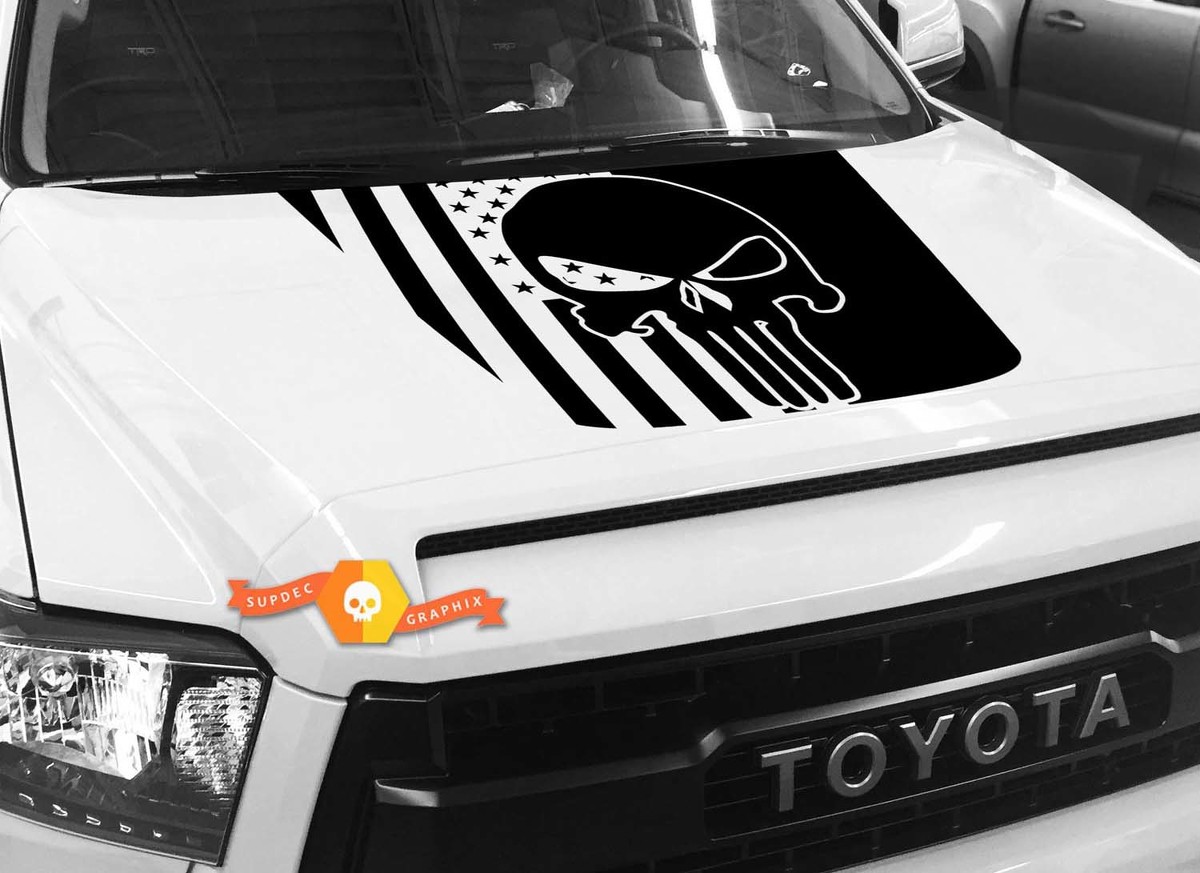 Hood USA Distressed Punisher Flag graphics Sticker Decal for TOYOTA TUNDRA 2014 2015 2016 2017 2018 #36
