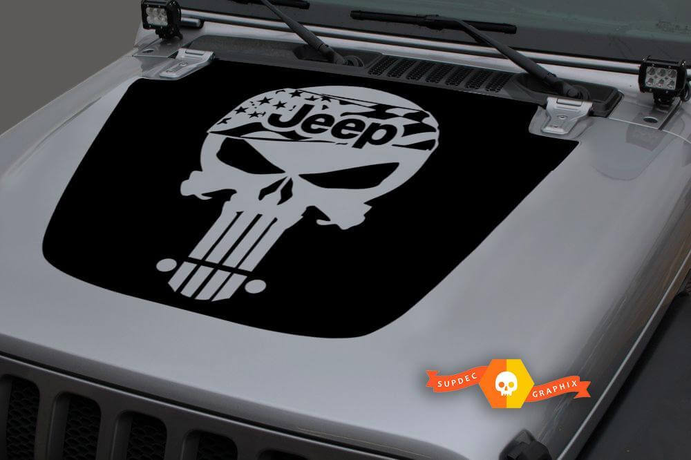 Jeep Hood Vinyl Punisher USA Flag Blackout Decal Sticker for 18-19 Jeep Wrangler JL
