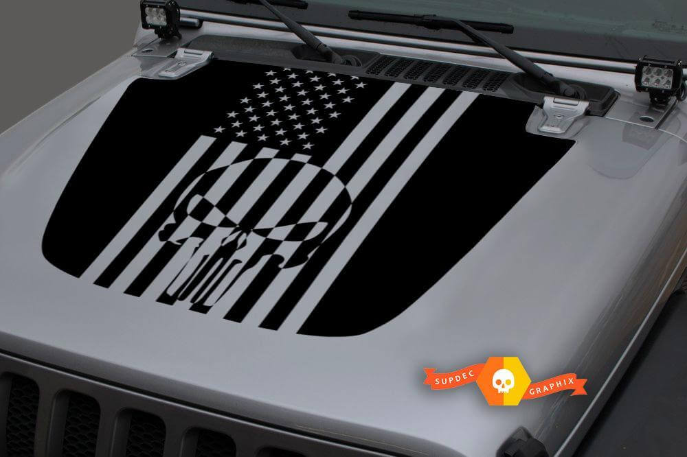 Punisher Skull USA Flag Hood Vinyl Decal Sticker for Jeep Wrangler 2018-2019