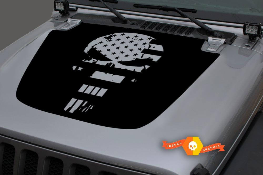 Punisher USA Flag Distressed Blackout Hood Vinyl Decal Sticker for Jeep Wrangler 2018-2019