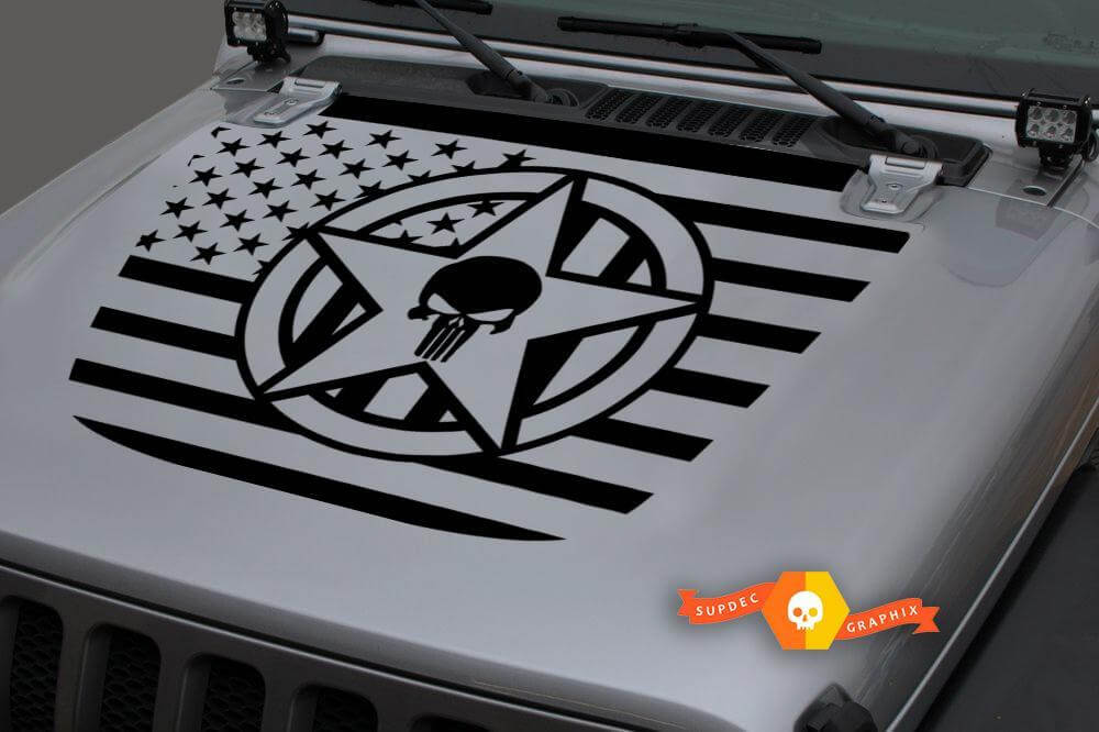 USA Flag Military Star Punisher Blackout Bonnet Vinyl Decal Sticker 2 for Jeep Wrangler JL
