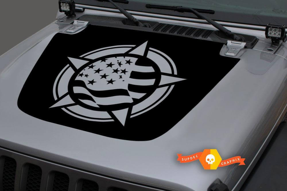 Jeep Hood Vinyl USA Flag Military Star Punisher Blackout Decal Sticker for 18-19 Wrangler JL#4
