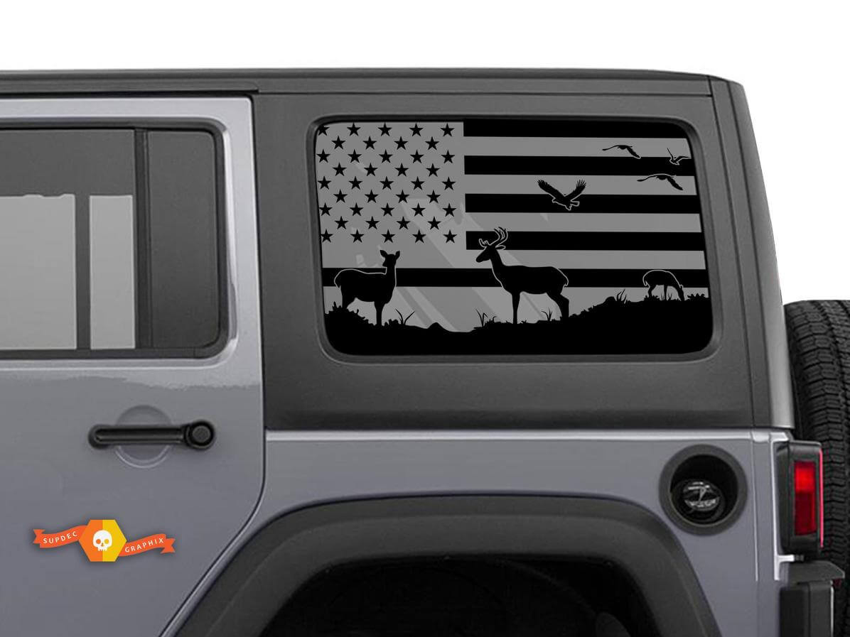 USA Flag Deer Side Window Vinyl Decals Kit for Jeep Wrangler Hardtop
