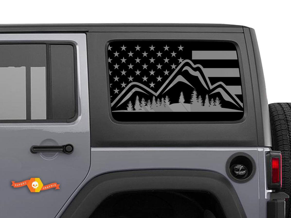 USA Flag Mountain Forest Side Window Vinyl Decal Pair for Jeep Wrangler Hardtop
