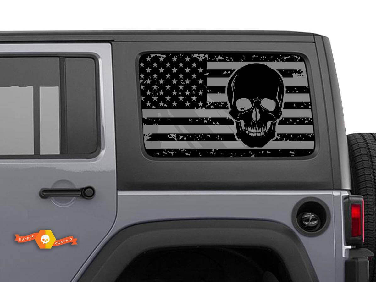 Distressed USA Flag Skull Side Window Vinyl Decal Pair for Jeep Wrangler Hardtop