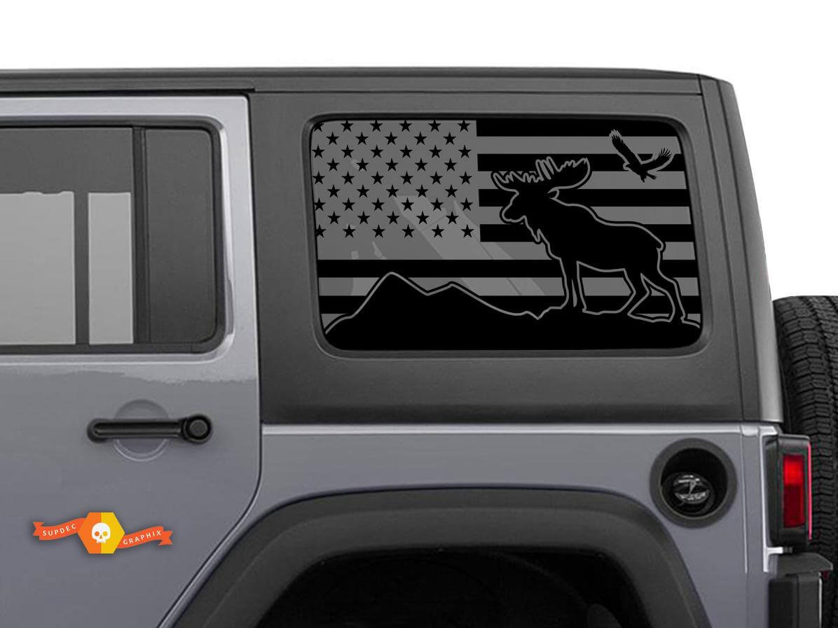 USA Flag Moose Eagle Mountains Windshield Sticker Decal For Jeep Wrangler Rubicon Hardtop JKU JLU 2007-2019 or Tacoma 4Runner Tundra Charger Challenger