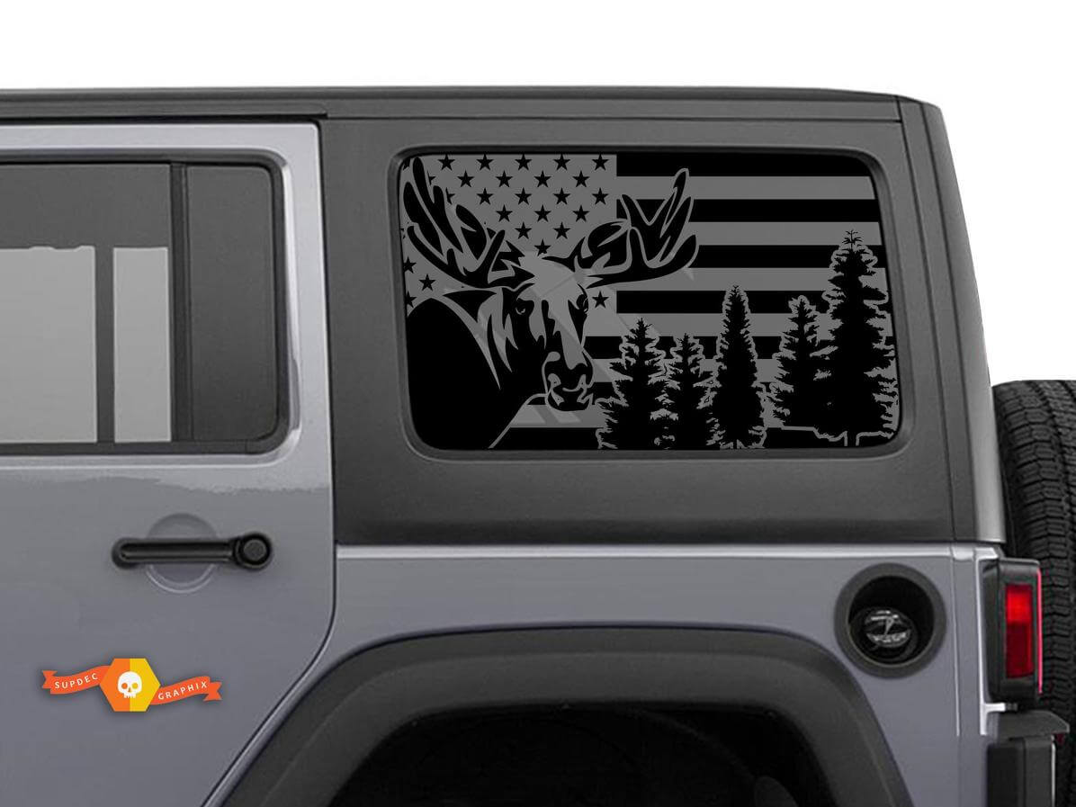 USA Flag Moose Forest Windshield Sticker Decal For Jeep Wrangler Rubicon Hardtop JKU JLU 2007-2019 or Tacoma 4Runner Tundra Charger Challenger