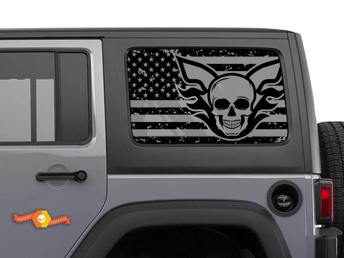 USA Flag Skull Destroyed Windscreen Sticker Decal For Jeep Wrangler Rubicon Hardtop JKU JLU 2007-2019 or Tacoma 4Runner Tundra Charger Challenger