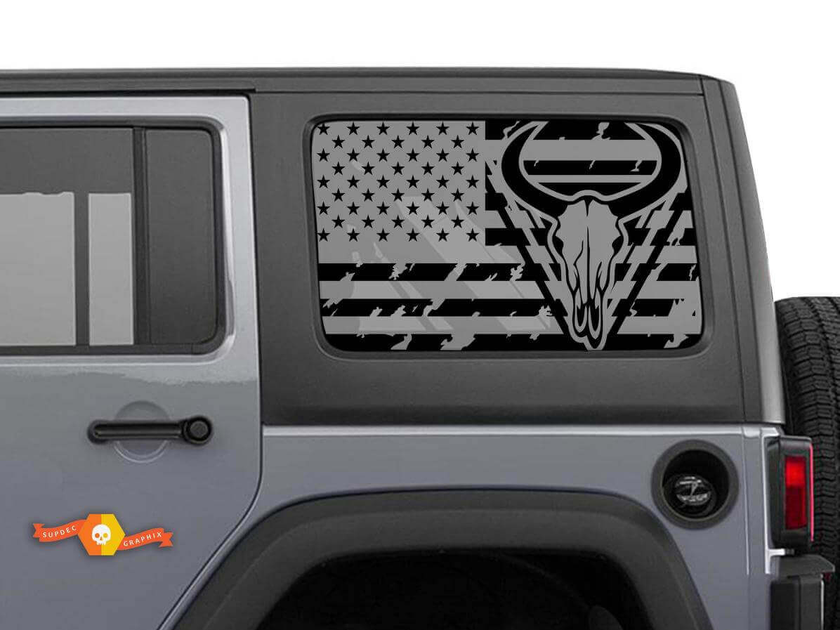 USA Flag Longhorn Skull Decal for Jeep Hardtop Rear Windows
