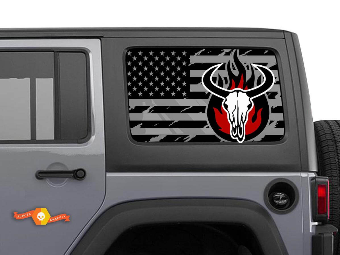 Hardtop USA Flag Skull Destroyed Fire Windscreen Sticker Decal For Jeep Wrangler Rubicon JKU JLU 2007-2019 or Tacoma 4Runner Tundra Charger Challenger
