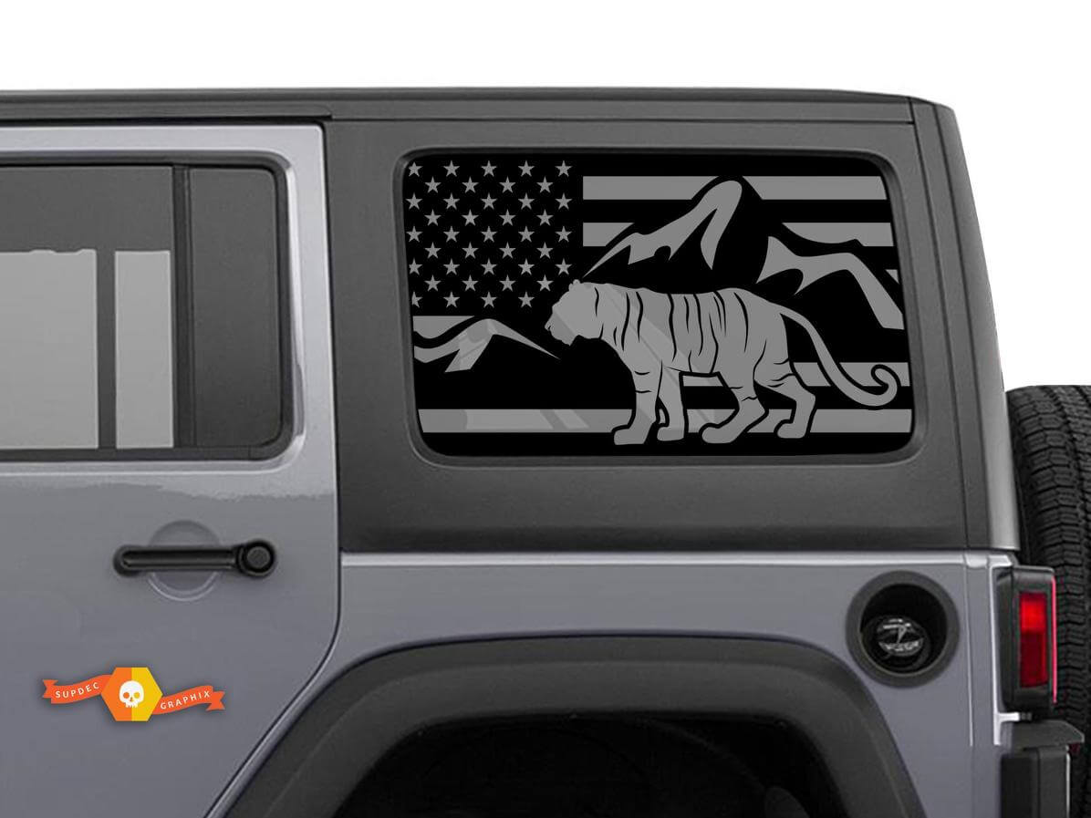 Hardtop Flag USA Tiger Mountains Windscreen Sticker Decal For Jeep Wrangler Rubicon JKU JLU 2007-2019 or Tacoma 4Runner Tundra Charger Challenger