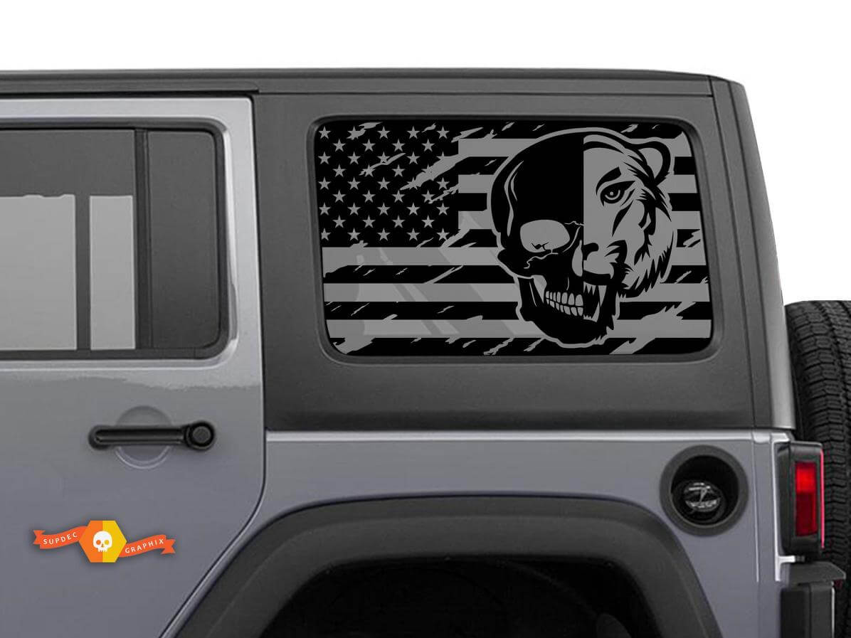 Hardtop USA Flag Skull Tiger Windscreen Sticker Decal For Jeep Wrangler Rubicon JKU JLU 2007-2019 or Tacoma 4Runner Tundra Charger Challenger