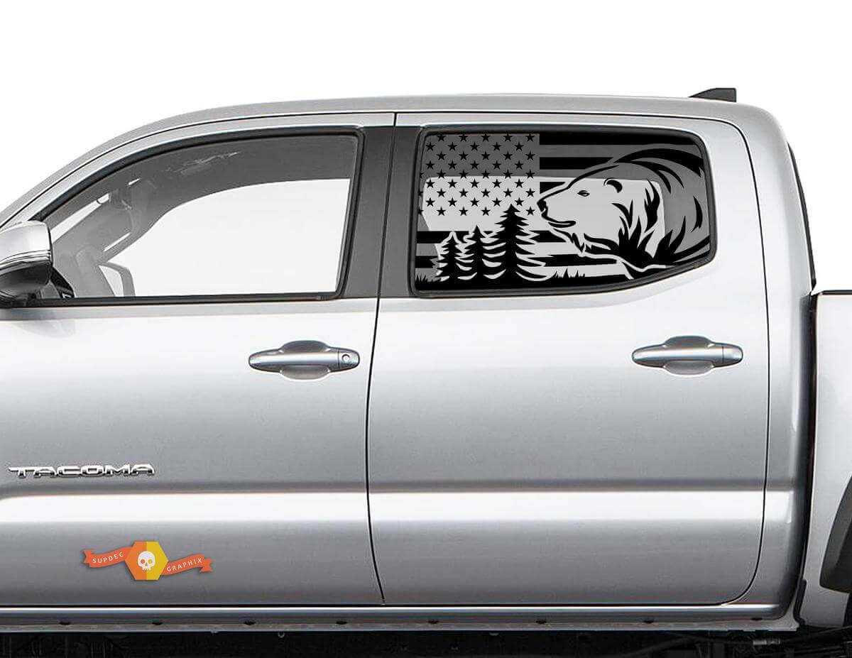 USA Flag Bear Forest Rear Side Window Vinyl Decals Kit for Toyota Tacoma
