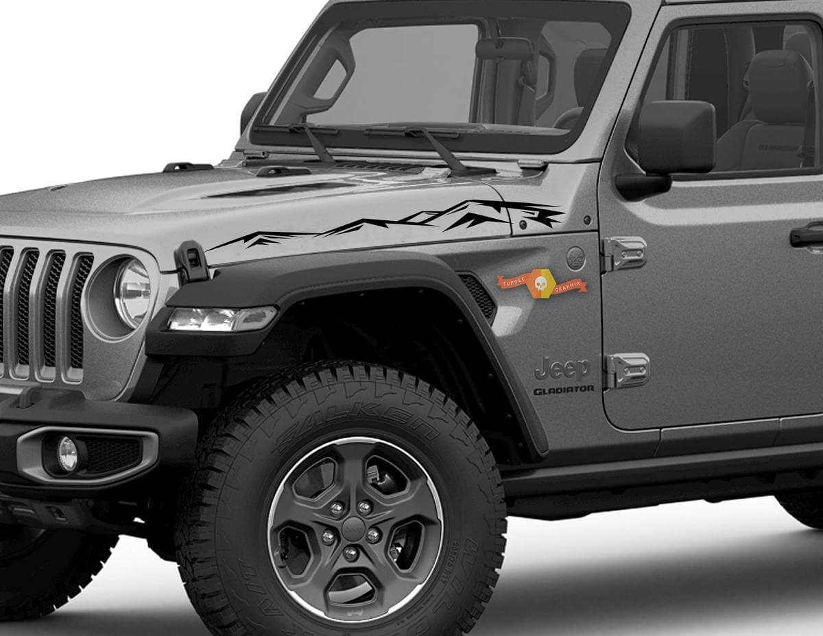 Pair of Jeep Gladiator Side JT Wrangler JL JLU Hood Mountains Graphics Vinyl decal sticker Graphics kit for 2018-2021
