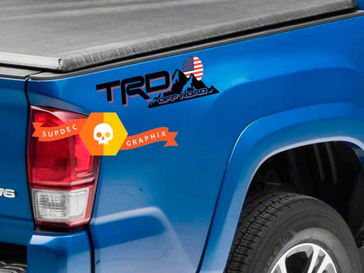 TRD USA Flag Mountain Bedside Vinyl Decals for Toyota Tacoma Tundra FJ Cruiser
