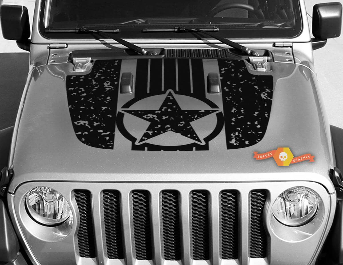 Military Star Distressed Camo Hood Vinyl Decal for Jeep Wrangler and Gladiator