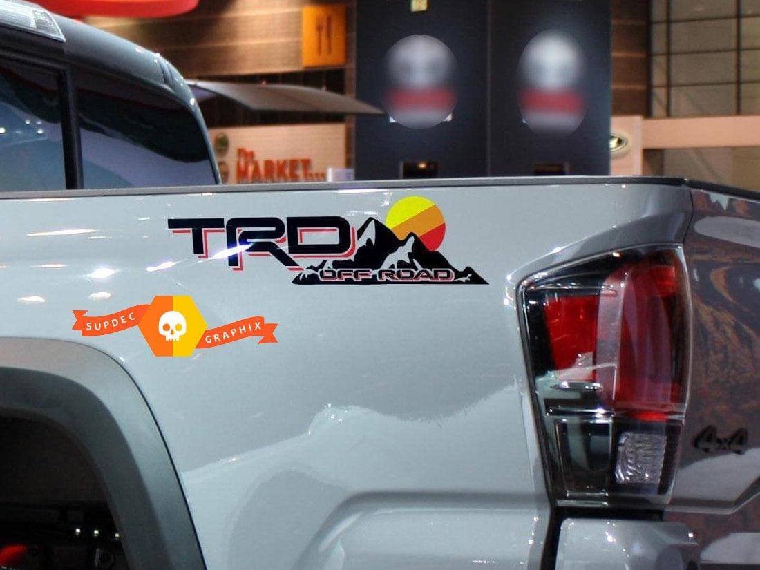 TRD Off Road Mountains Sunset Vintage Bedside Vinyl Stickers Decal For Toyota Tacoma Tundra FJ Cruiser