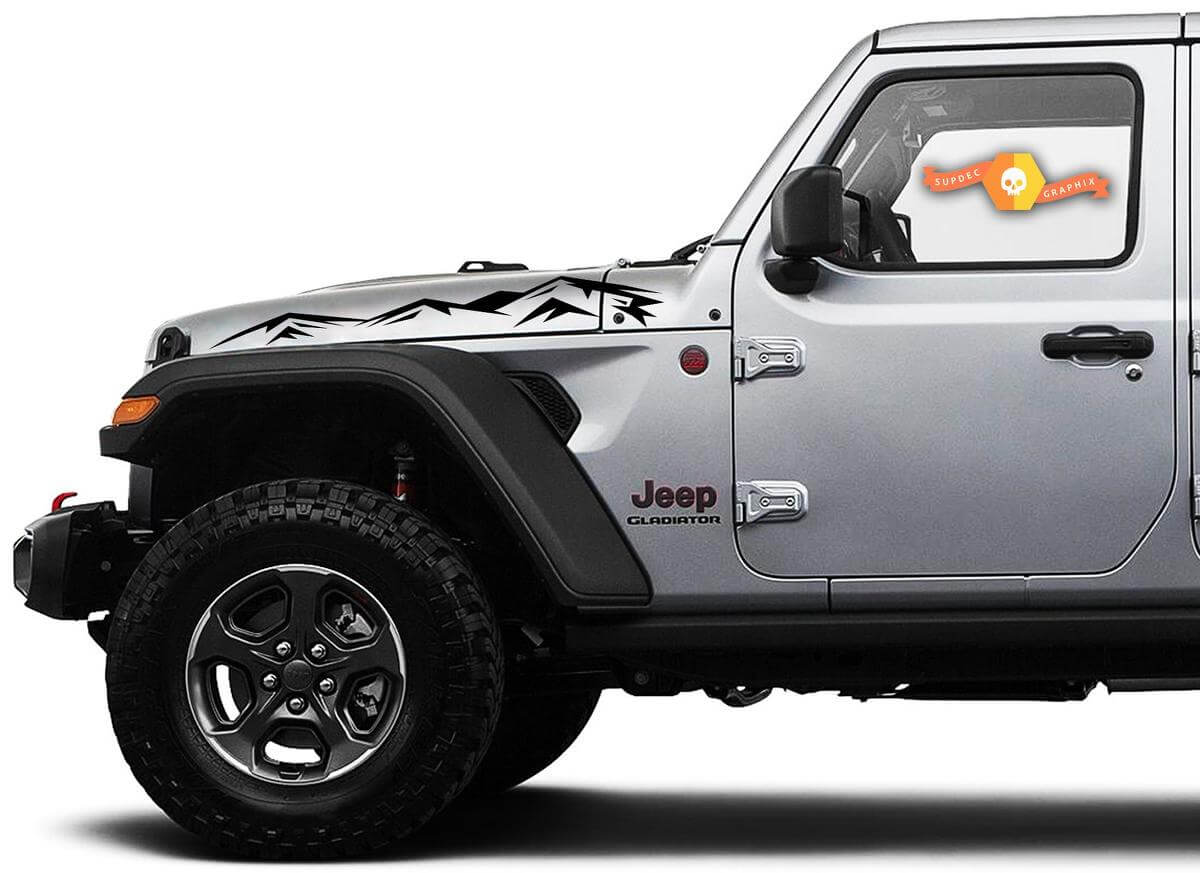 Pair of Jeep Wrangler Gladiator JT JL JLU Rubicon Hood Mountains Vinyl Sticker Decal Graphic kit for 2018-2021 for both sides
