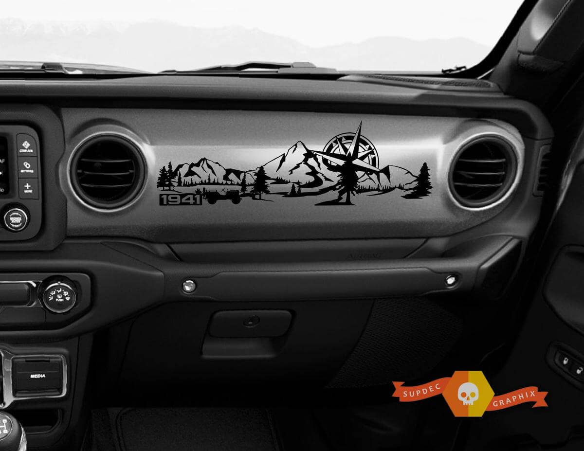 Jeep JL JLU Gladiator Wrangler Dashboard Mountain 1941 Willys with Compass Scene Vinyl Sticker Decal
