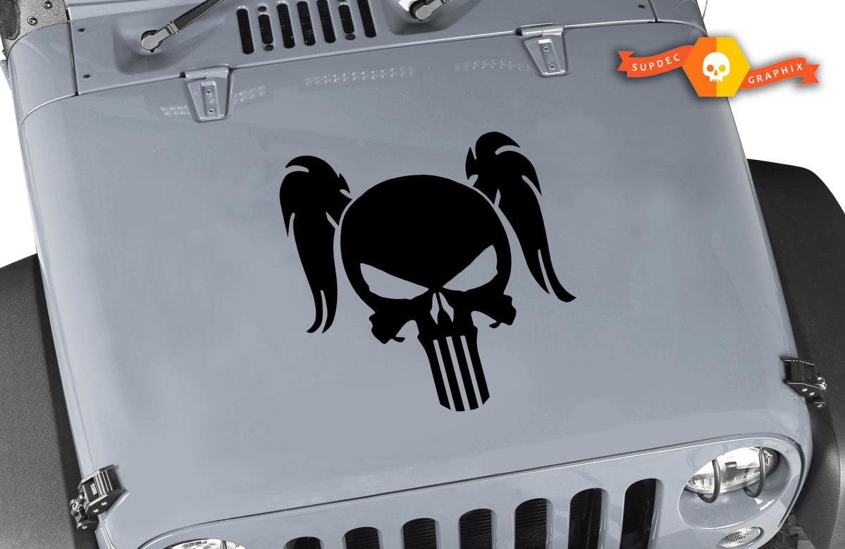 Jeep Wrangler Pigtail Punisher Skull Vinyl Blackout Hood Sticker Decal Female Pony Tail Punisher Skull Vinyl Sticker Decal
