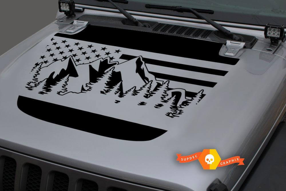 Jeep 2018-2021 Gladiator JT Wrangler JL JLU Hood Usa Flag Mountains Forest Unique Vinyl decal Sticker Graphics
