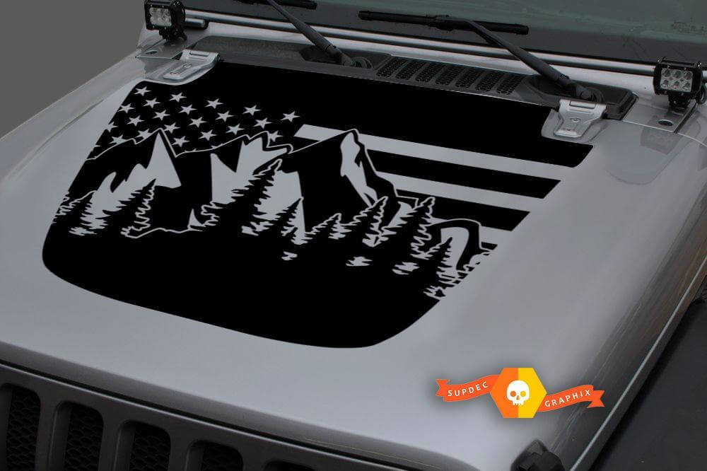 Jeep 2018-2021 Gladiator JT Wrangler JL JLU Hood Usa Flag Mountains Forest  Vinyl decal Sticker Graphics
