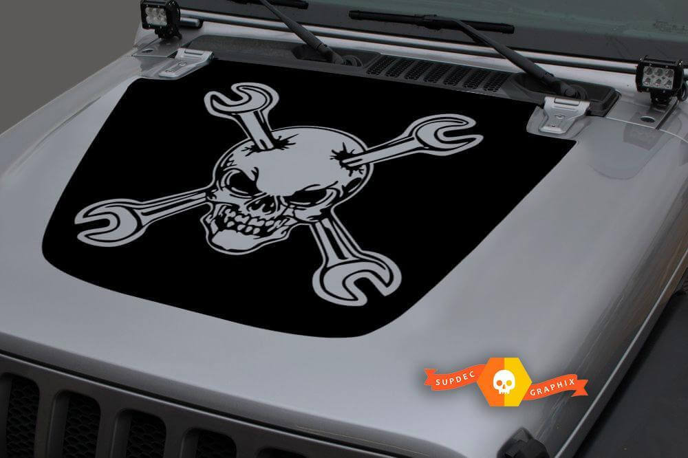 Skull and Crossed Wrenches Hood Vinyl Decal for Jeep Wrangler JL JLU and Gladiator JT