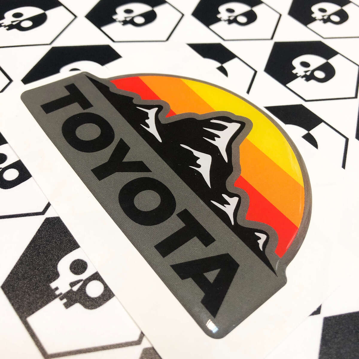 2 Stickers Decals Toyota Mountains the Hills Style Vintage Sun Colors Badge Emblem Domed Decal
