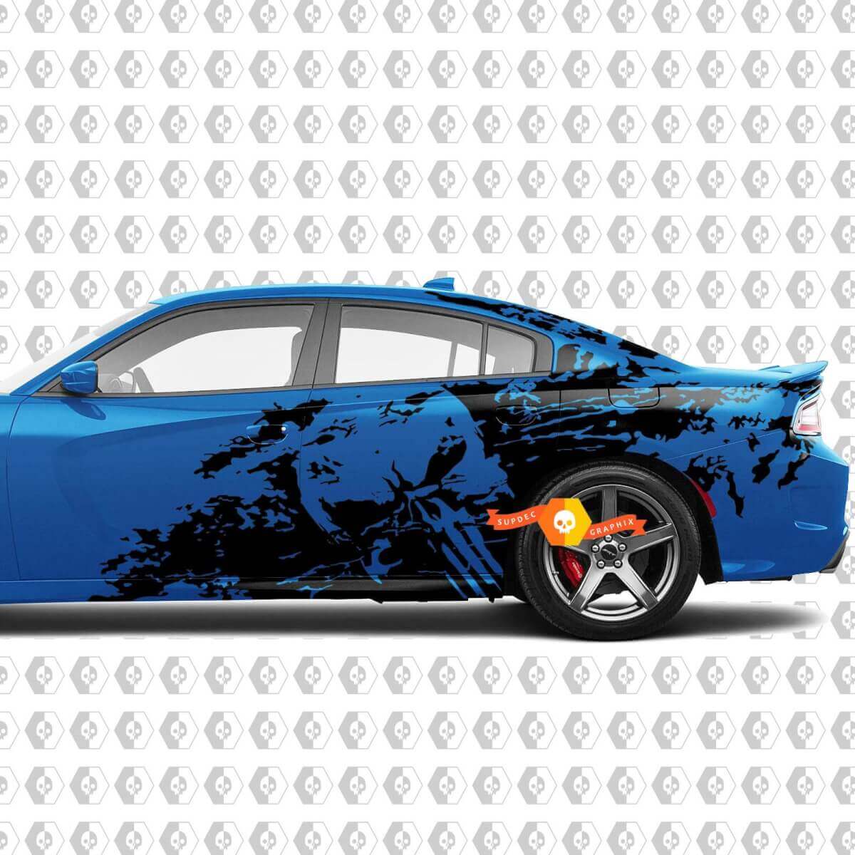 Punisher Skull Mud Splash Hood & Side Vinyl Decal Set for Dodge Challenger Charger