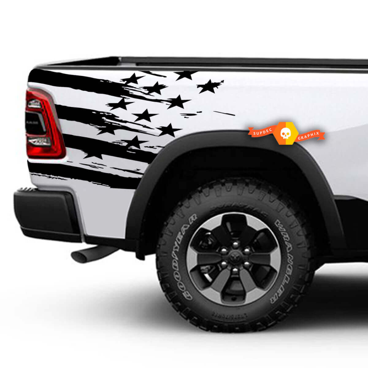 Vinyl Sticker Decal Rear Side with Distressed American Flag for Dodge Ram Tailgate