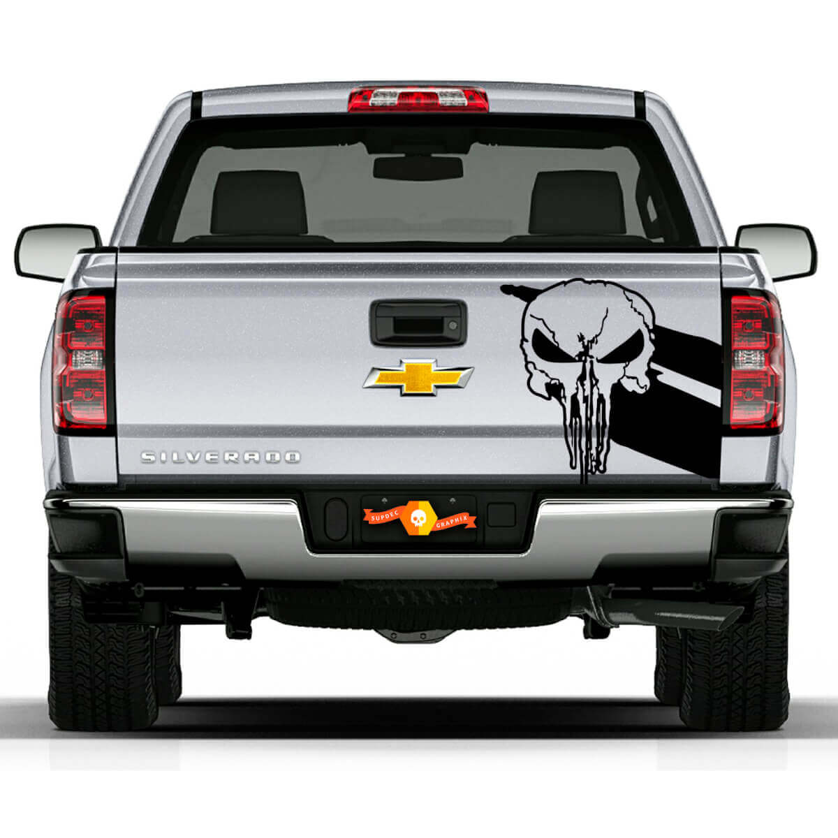 Punisher Skull Twin Stripes Tailgate Vinyl Sticker Decal for Chevy Dodge Toyota Jeep Trucks