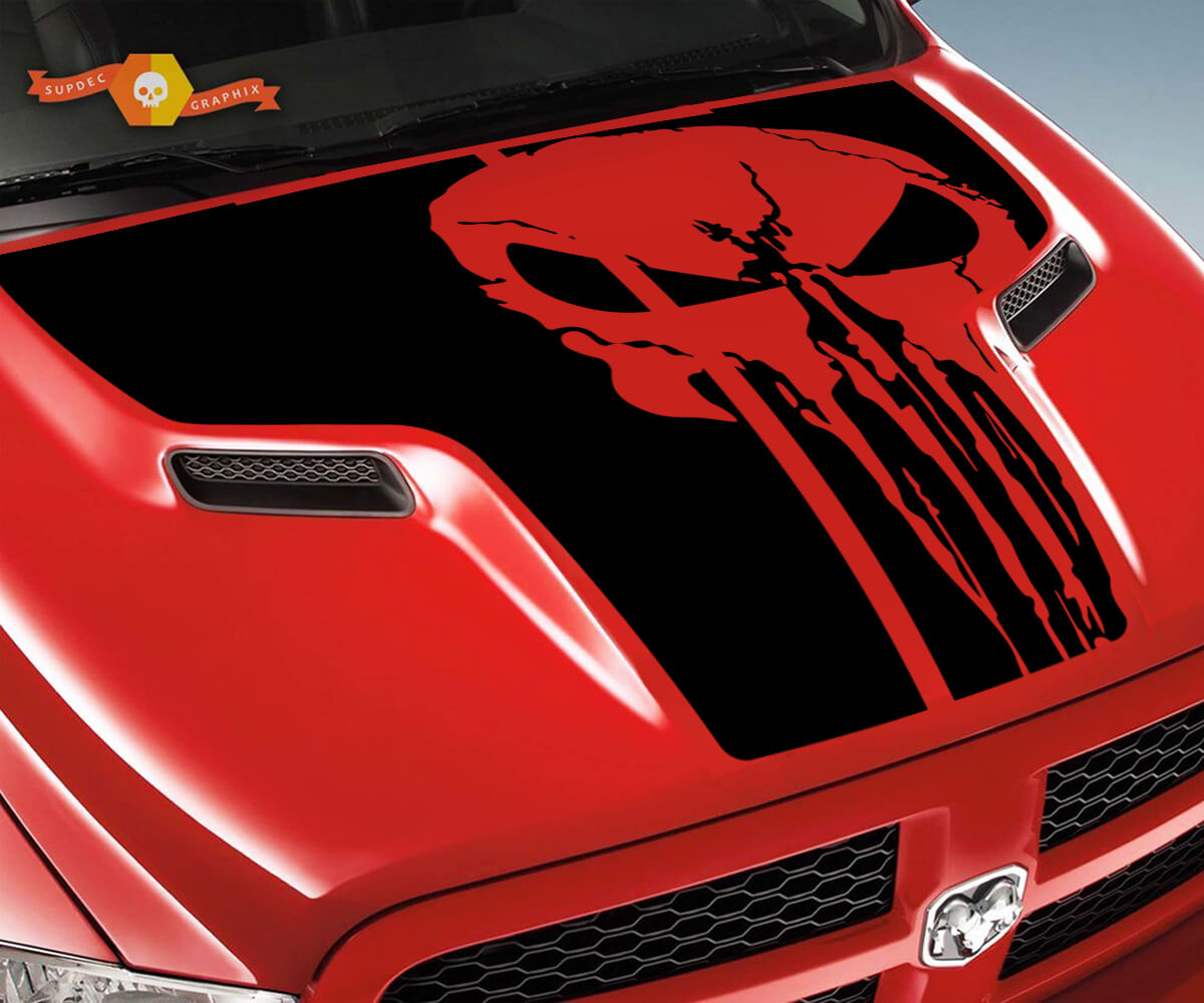 Dodge 2010 2018 fits Ram 1500 2500 Punisher Skull Grunge Hood Logo Truck Vinyl Sticker Decal Graphic Pick Up Pickup
