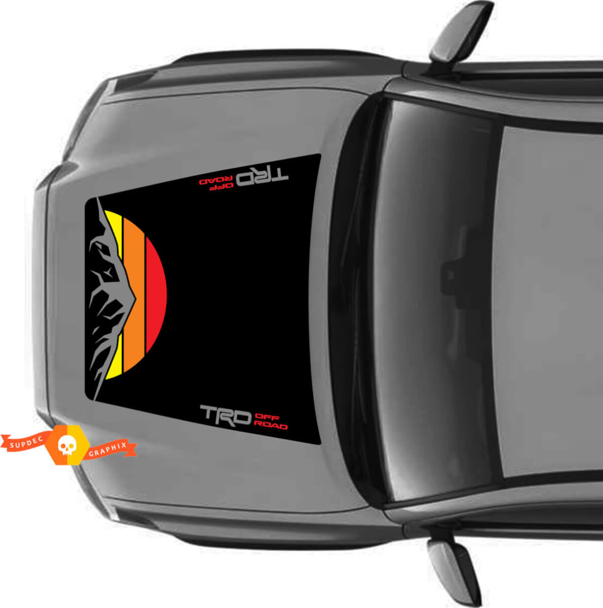 Very Huge TRD Off Road Vintage Sunset Retro Old Style NO SCOOP! Mountains Hood Vinyl Stickers Decal fit to Toyota Tacoma 2016 - 2021 models
