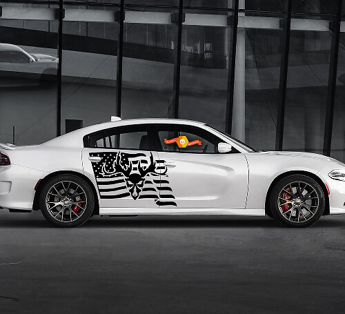 2 Side Dodge Charger USA Flag Ram Skull Door Side Vinyl Decals Graphics Sticker
