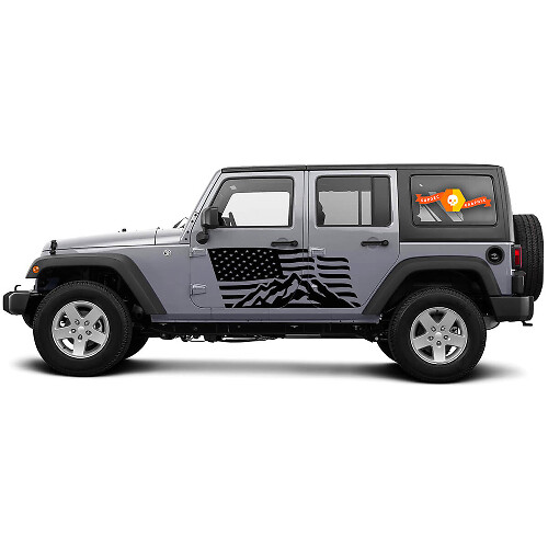 2 Side Jeep Wrangler USA Flag Mountain Door Side Vinyl Decals Graphics Sticker
