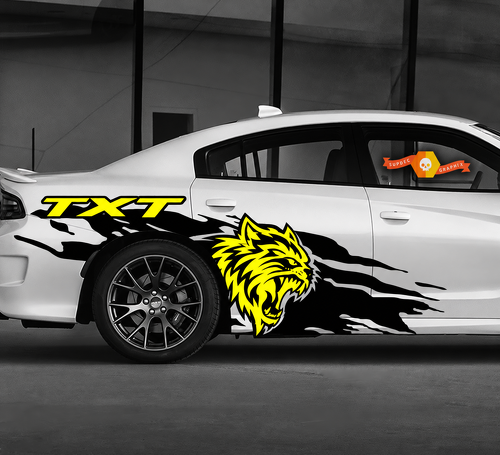 TXT Custom Cat Head Yellow Splash Pair Side Rear Fender Vinyl Decal Sticker for Dodge Challenger SRT, Hellcat 2009-2019
