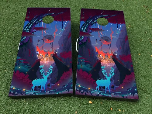 Abstract Sci-Fi Forest Cornhole Board Vinyl Wrap Decal Set_1